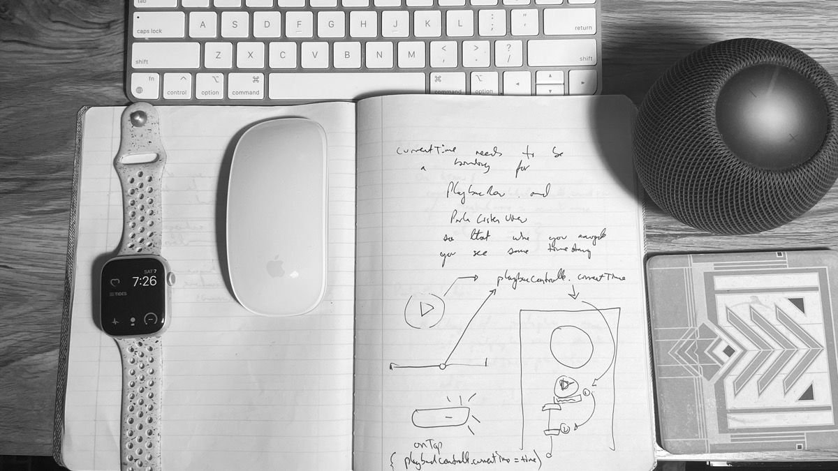 Notebook sketches and wireframes on a desk