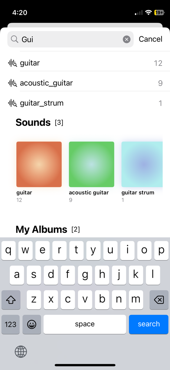 Searching for guitar — autocomplete showing guitar, acoustic guitar, guitar strum