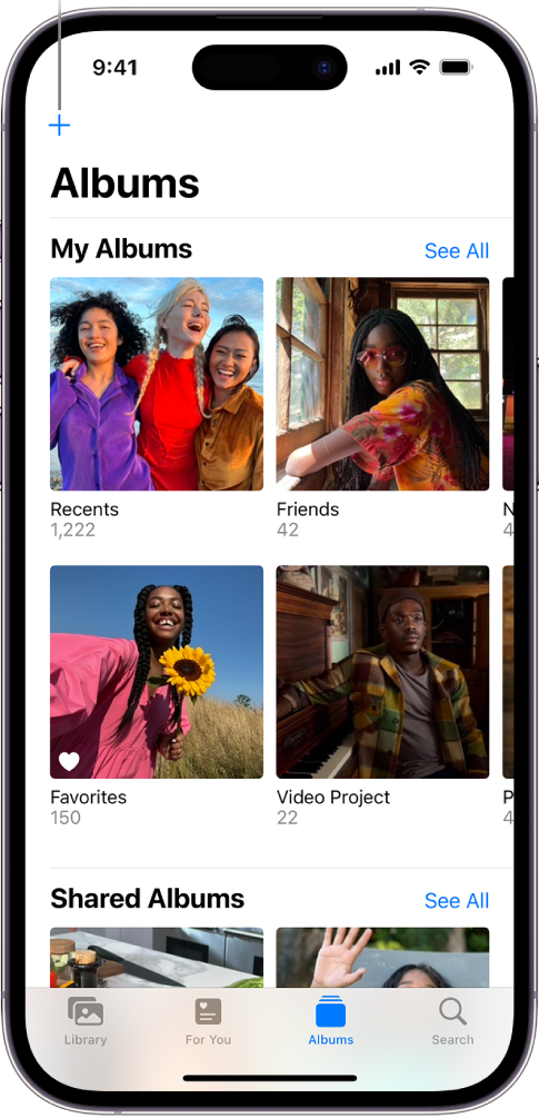 Apple Photos iOS 17 — Albums tab with clear grid layout. © Apple Inc. Used for educational illustration under fair use.