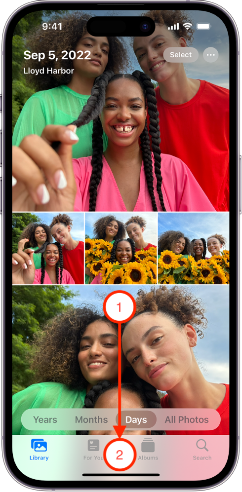 Navigation flow analysis — Apple Photos iOS 17. Diagrams by Parla Music. © Apple Inc. Used for educational illustration under fair use.