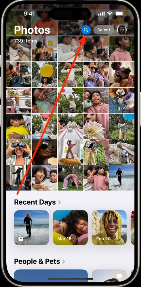 Search button — Apple Photos iOS 18. Hidden behind an extra tap. © Apple Inc. Used for educational illustration under fair use.