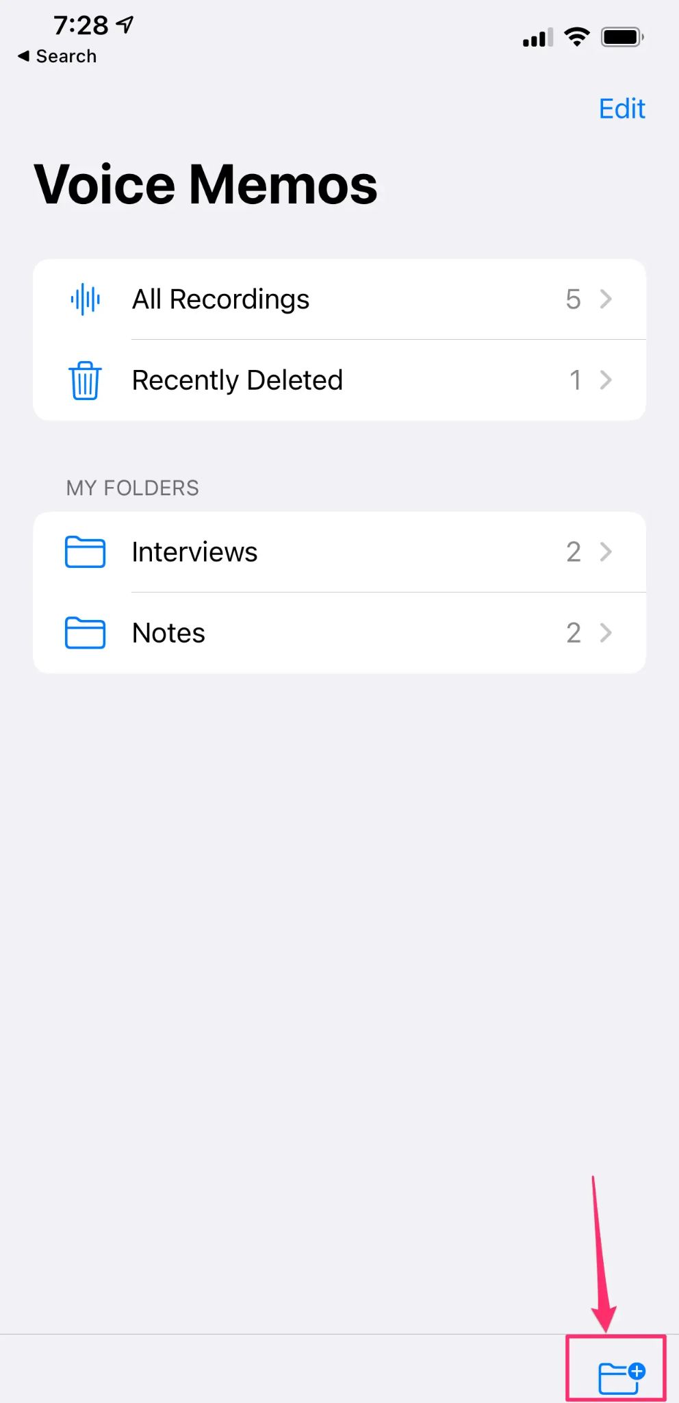 Voice Memos on iOS — Folders view. © Apple Inc. Used for educational illustration under fair use.