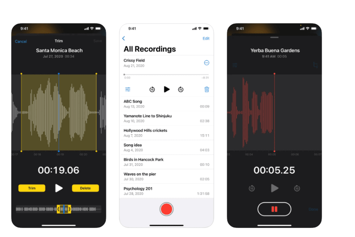 Voice Memos iOS 18 — Trim, Recordings, and Recording views. © Apple Inc. Used for educational illustration under fair use.